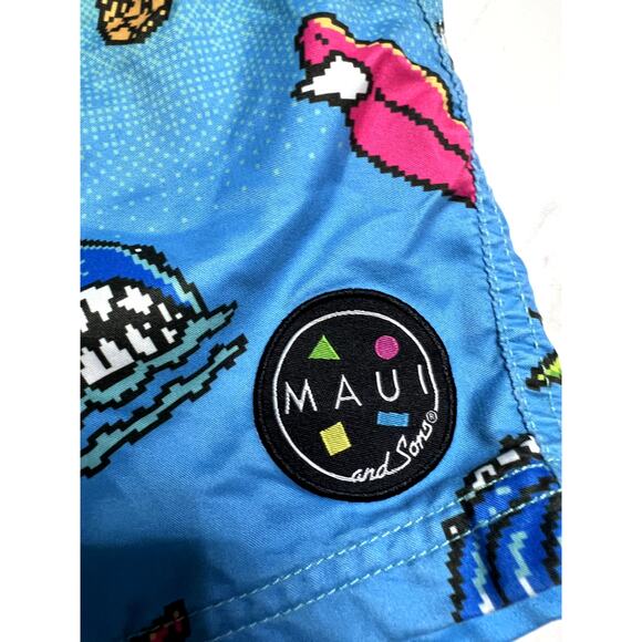 Maui and Sons Pixel Art Sharks Palm Trees Cartoon Swim Trunks Pineapple 34 Ombre - Picture 5 of 9
